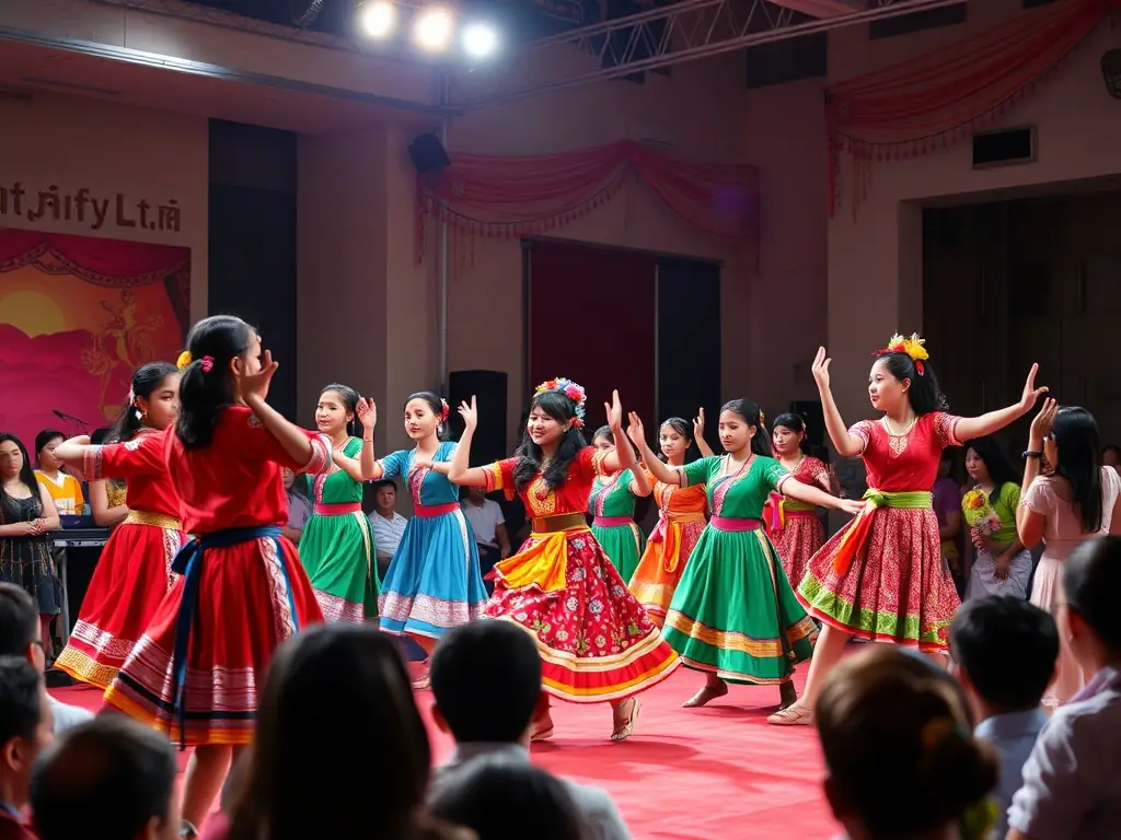 A dynamic image of young people performing on stage during a cultural event, showcasing the talent and diversity of MAISON DE JEUNES's participants.
