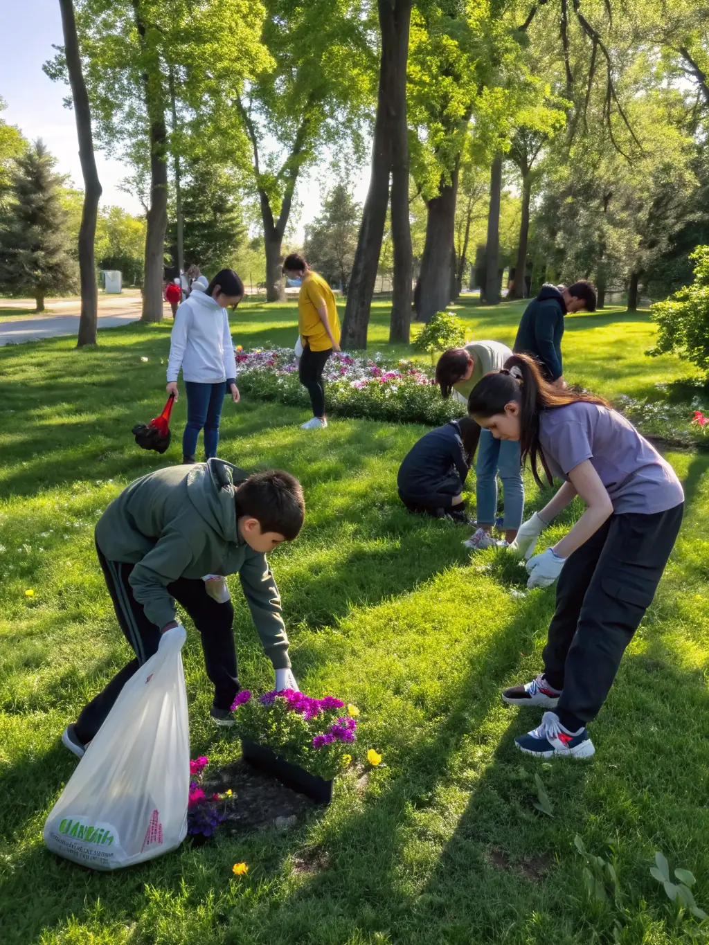A group of teenagers working together on a community garden project, planting vegetables and learning about sustainable living.