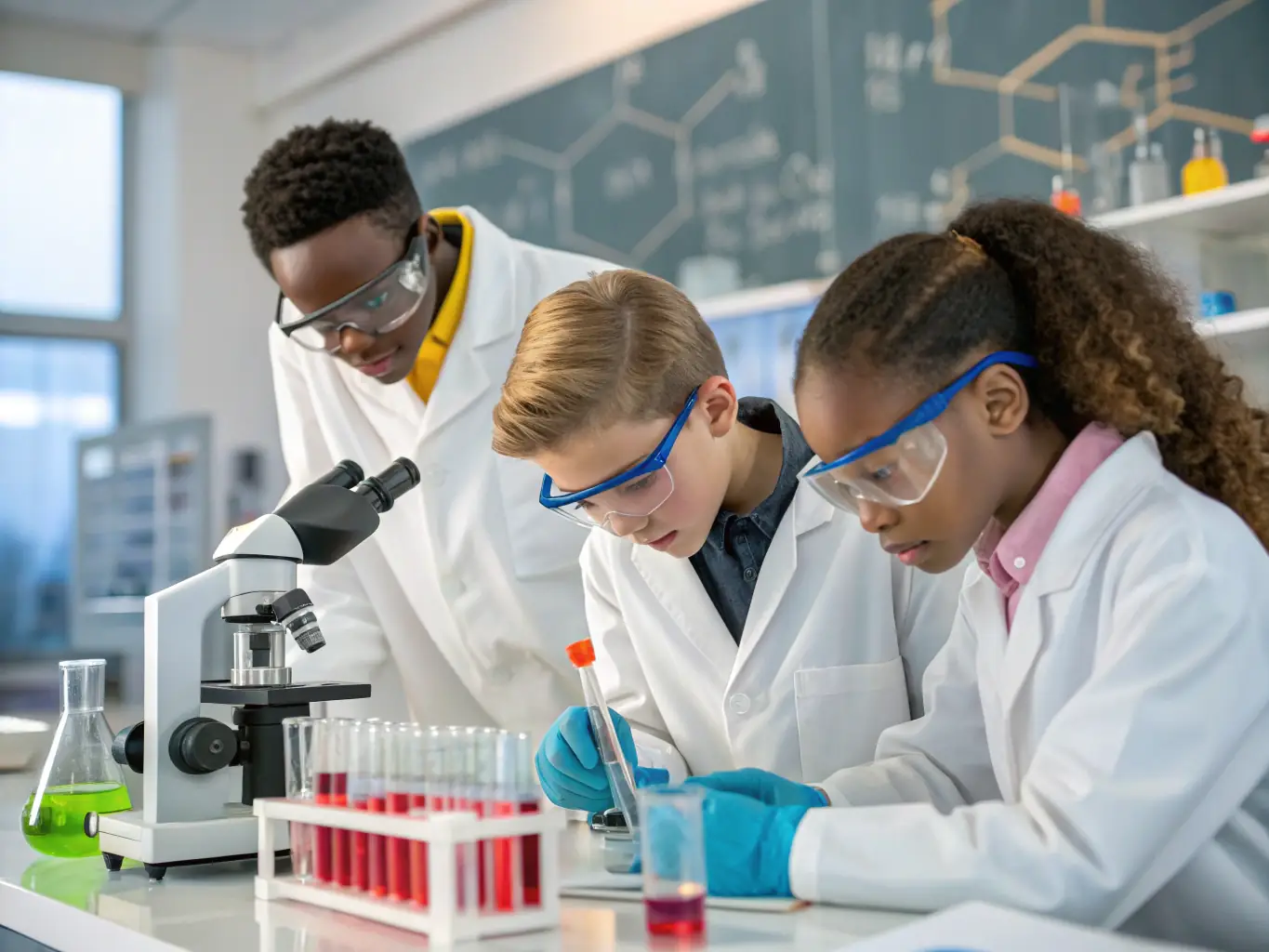 A photograph of a group of young people participating in an educational workshop, working together on a science experiment.