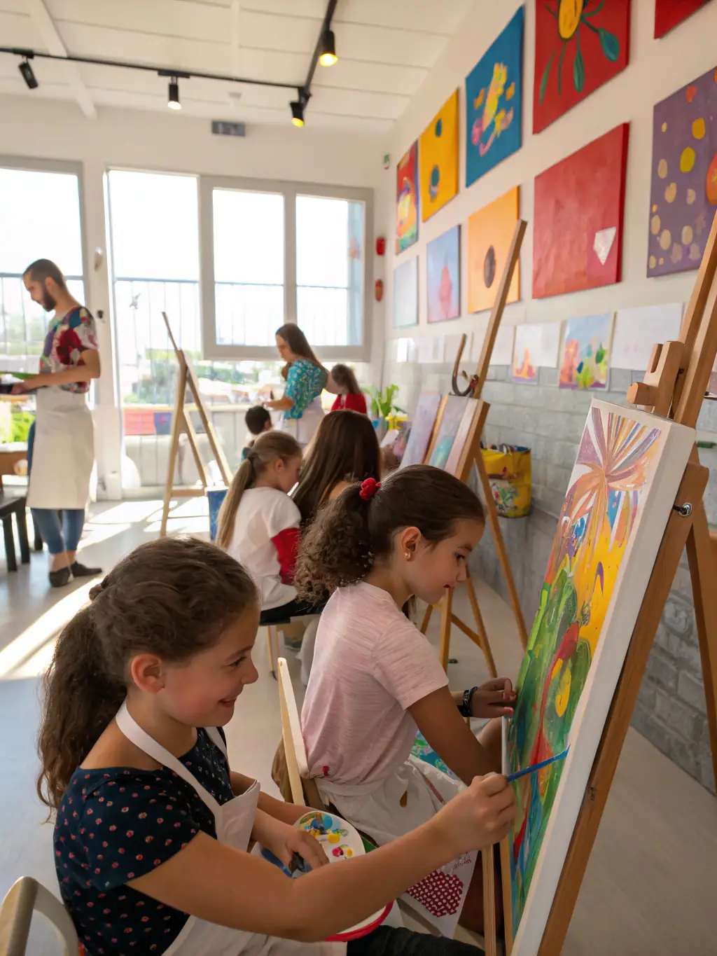 A group of young people participating in a painting workshop at MAISON DE JEUNES, showcasing their creativity and artistic skills.