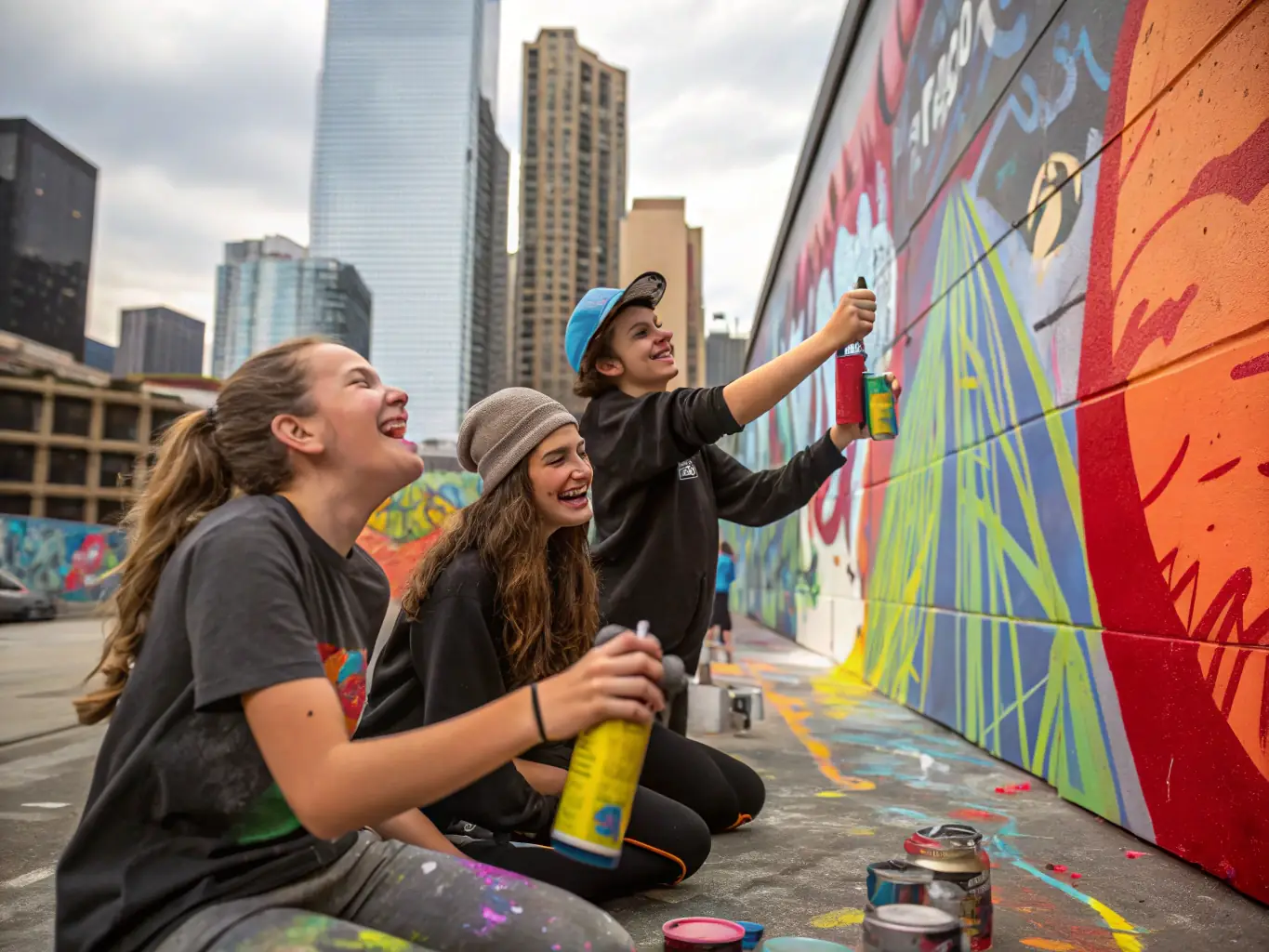 An image of young people engaged in a vibrant art workshop, painting and collaborating on a mural, showcasing the artistic and cultural programs offered by MAISON DE JEUNES.
